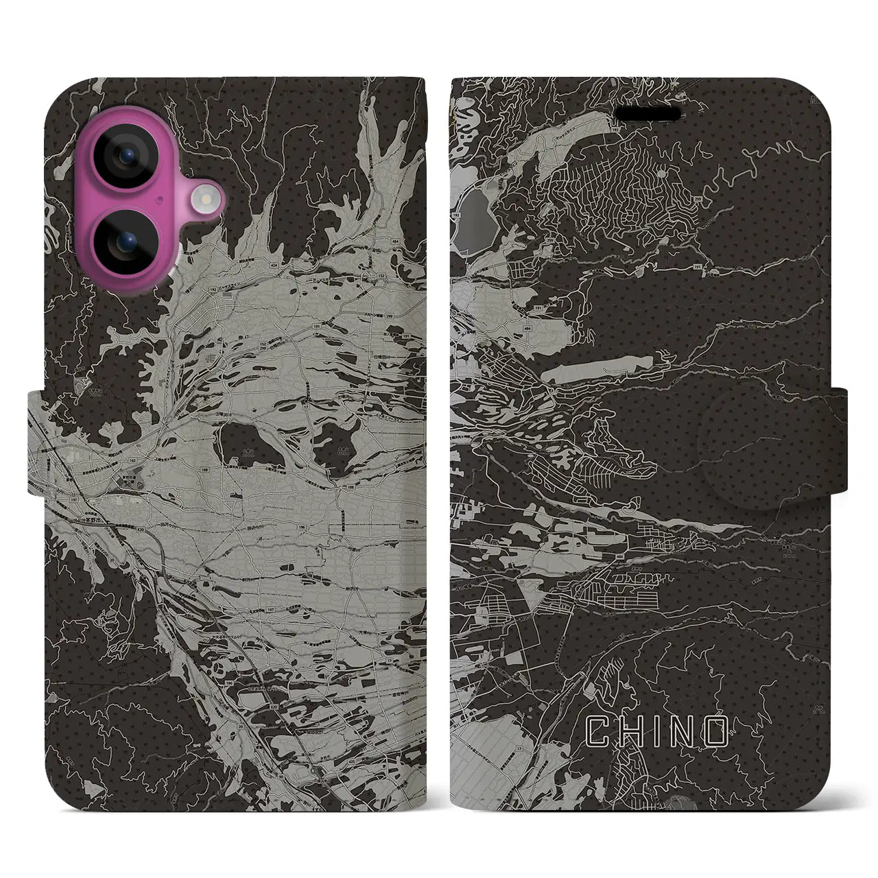 【茅野(長野県)】地図柄iPhoneケース(手帳タイプ)モノトーン・iPhone 16 Pro 用