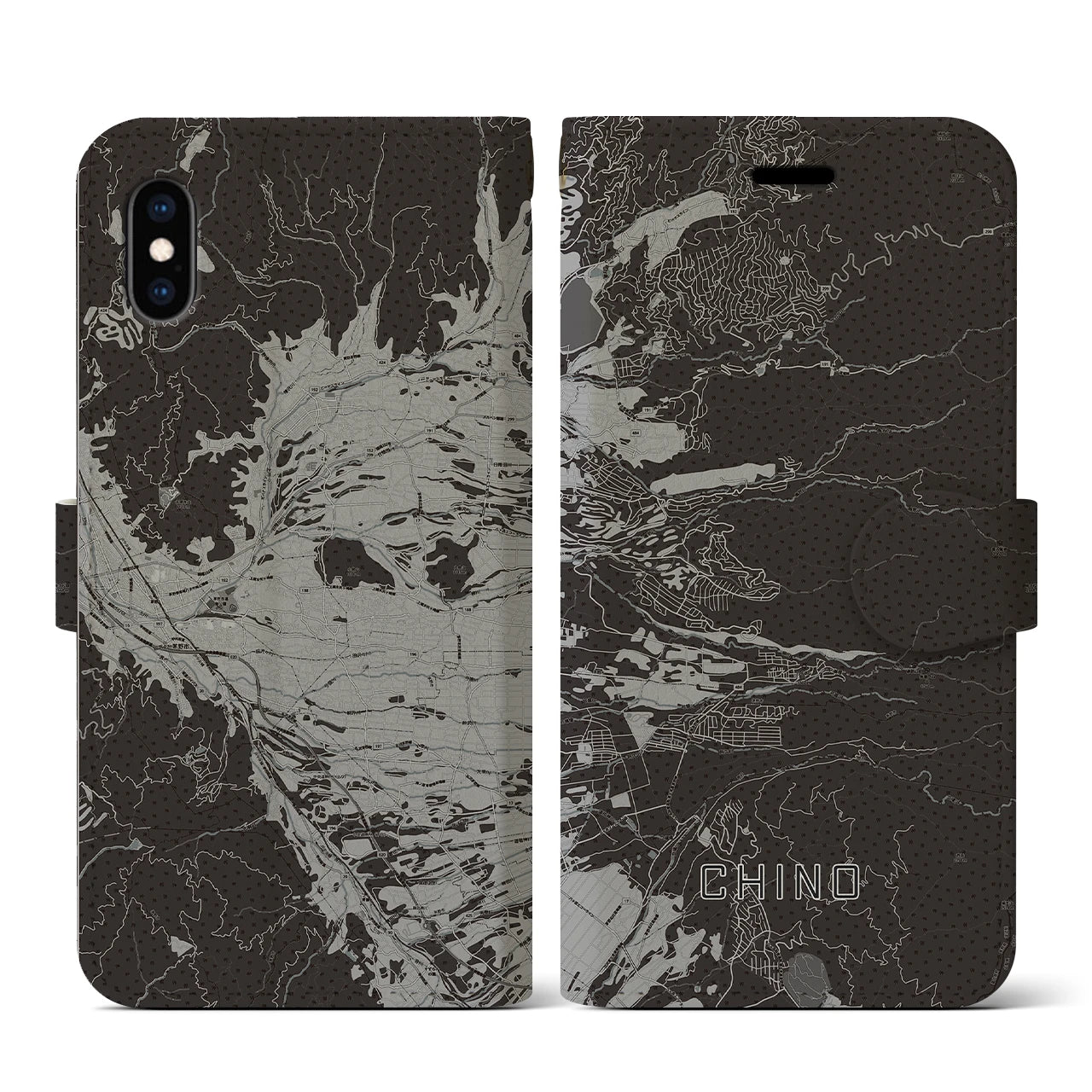【茅野(長野県)】地図柄iPhoneケース(手帳タイプ)モノトーン・iPhone XS / X 用
