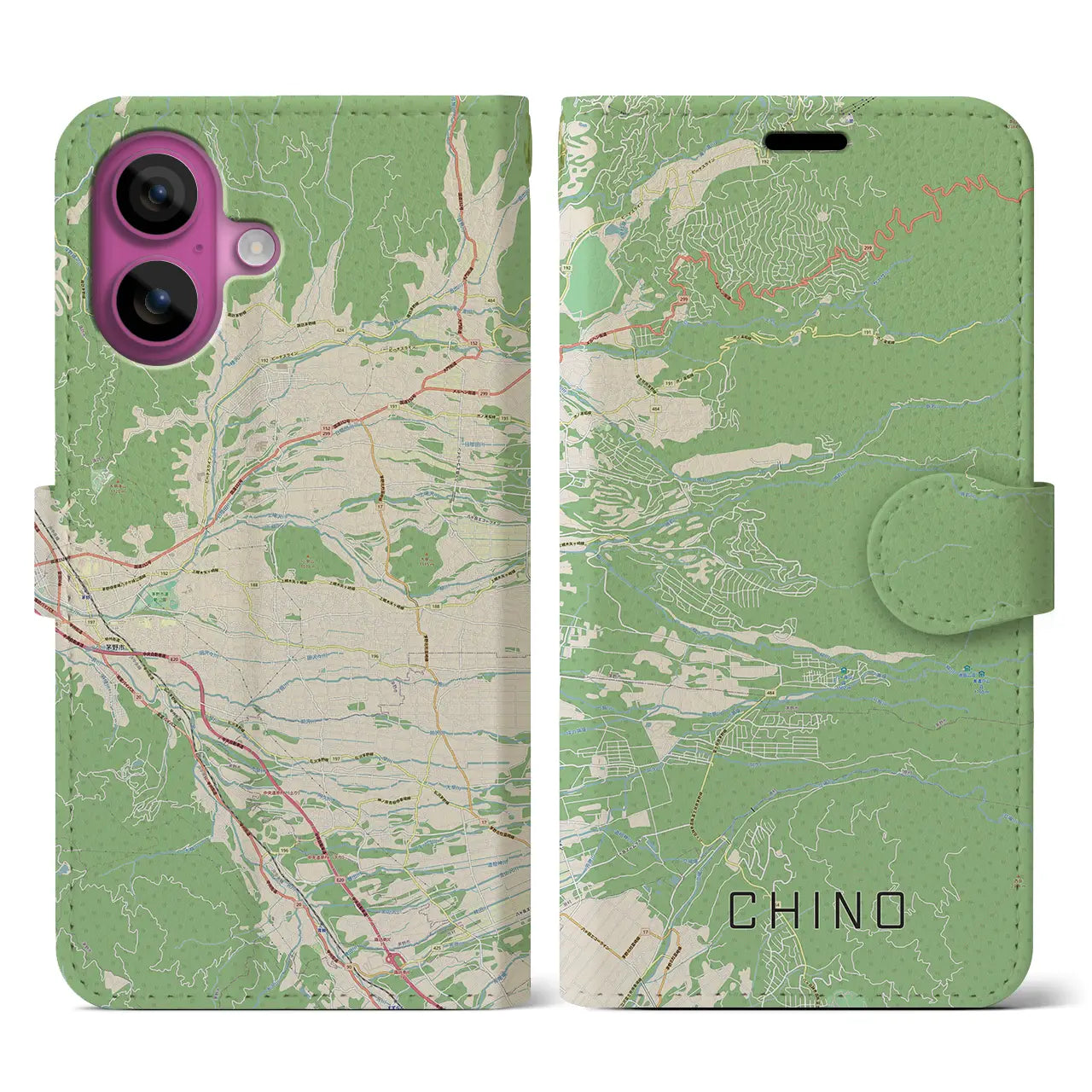 【茅野(長野県)】地図柄iPhoneケース(手帳タイプ)ナチュラル・iPhone 16 Pro 用