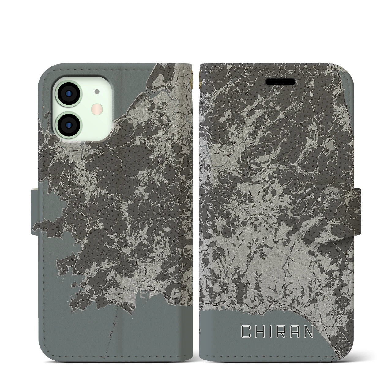 【知覧(鹿児島県)】地図柄iPhoneケース(手帳タイプ)モノトーン・iPhone 12 mini 用
