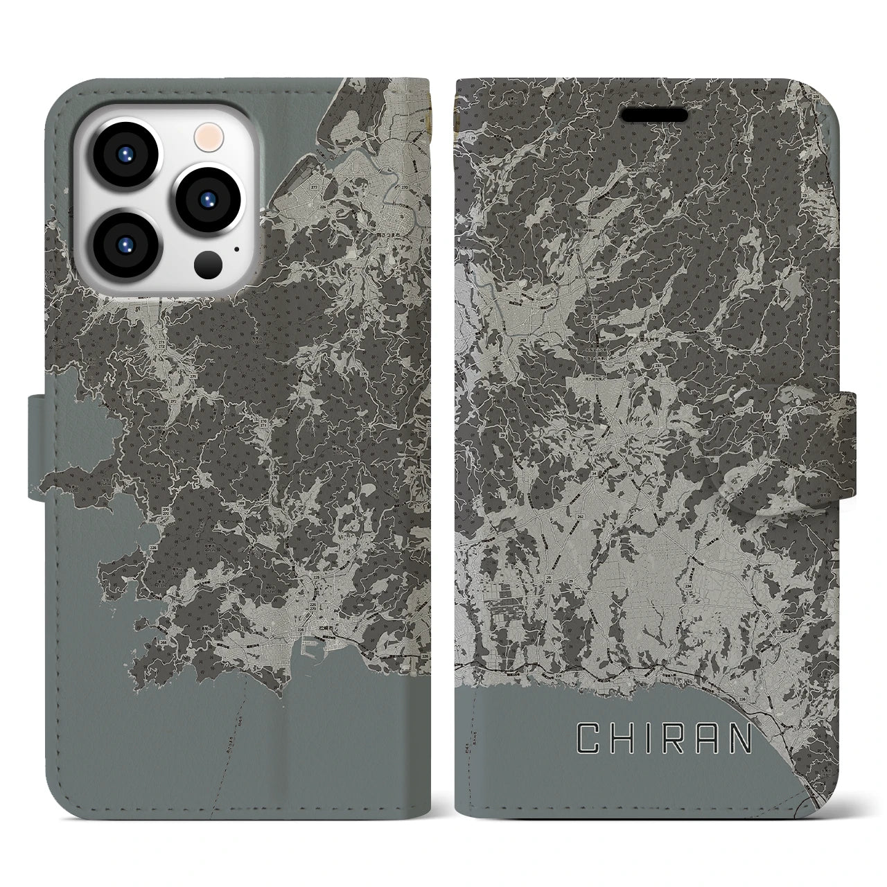 【知覧(鹿児島県)】地図柄iPhoneケース(手帳タイプ)モノトーン・iPhone 13 Pro 用