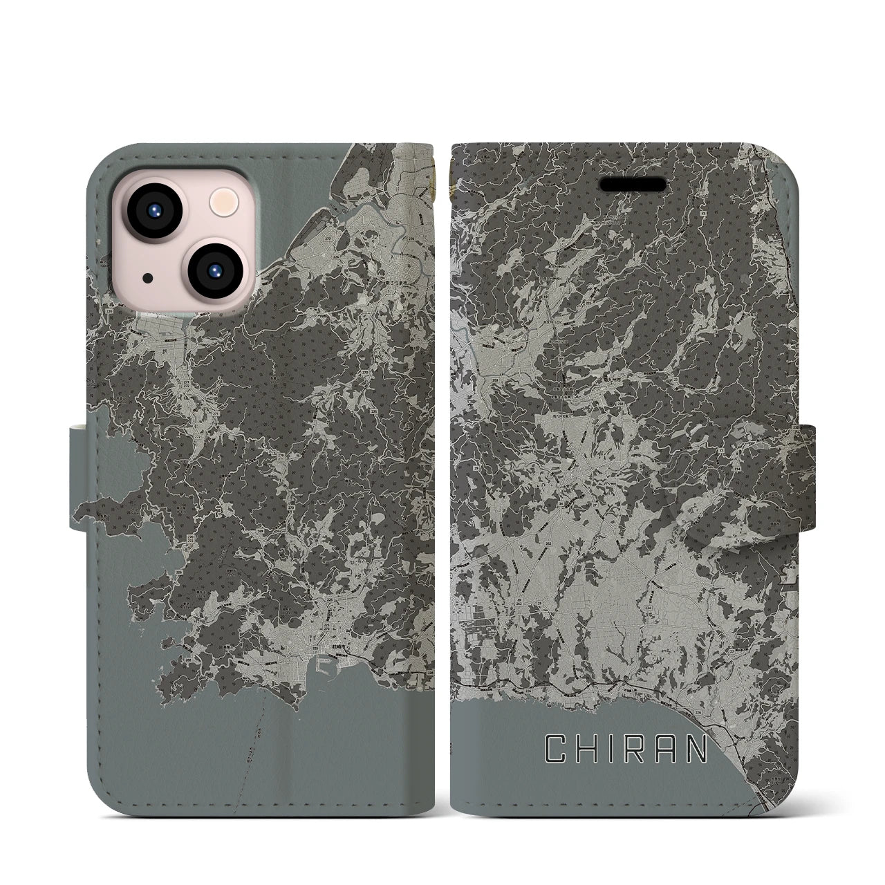 【知覧(鹿児島県)】地図柄iPhoneケース(手帳タイプ)モノトーン・iPhone 13 mini 用