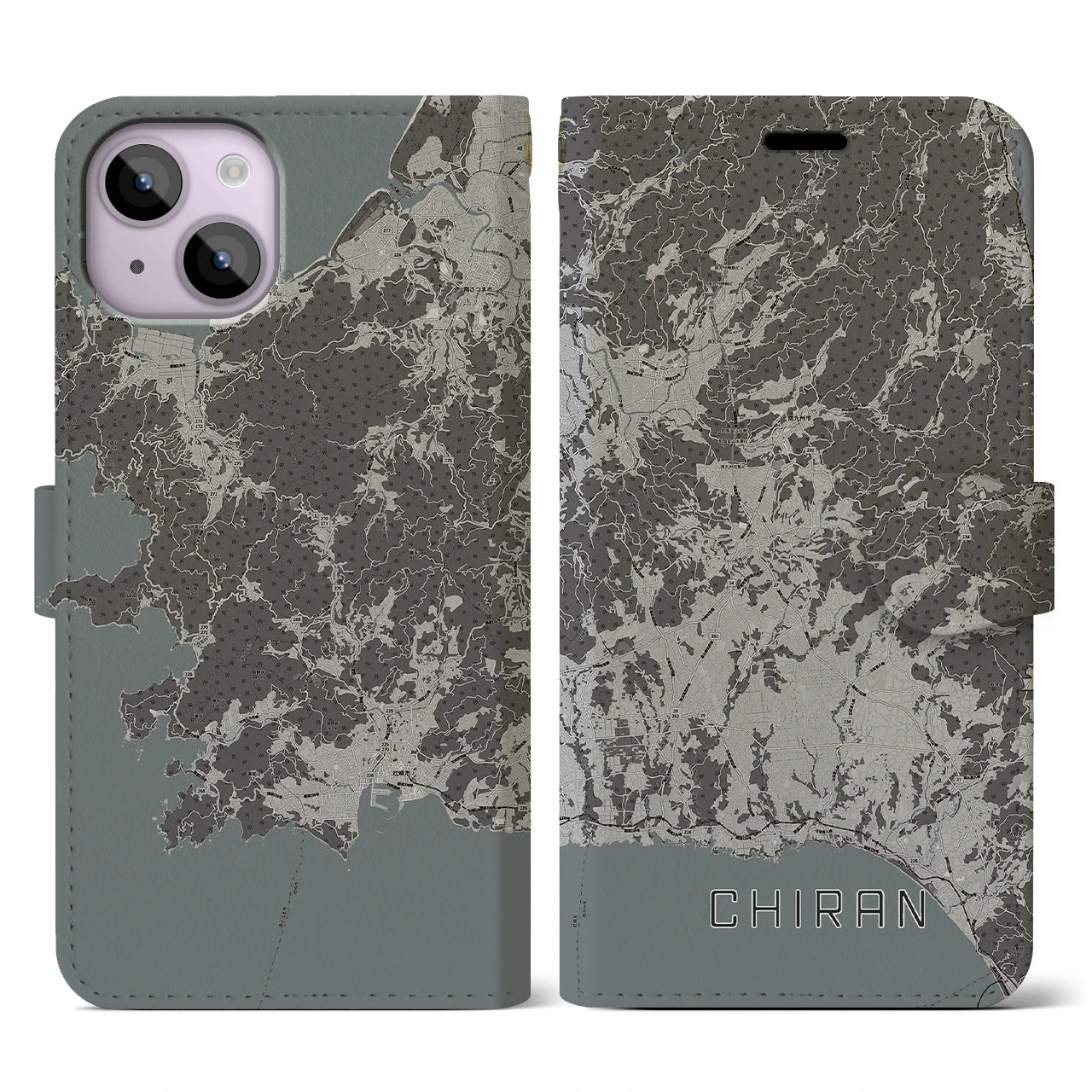 【知覧(鹿児島県)】地図柄iPhoneケース(手帳タイプ)モノトーン・iPhone 14 用