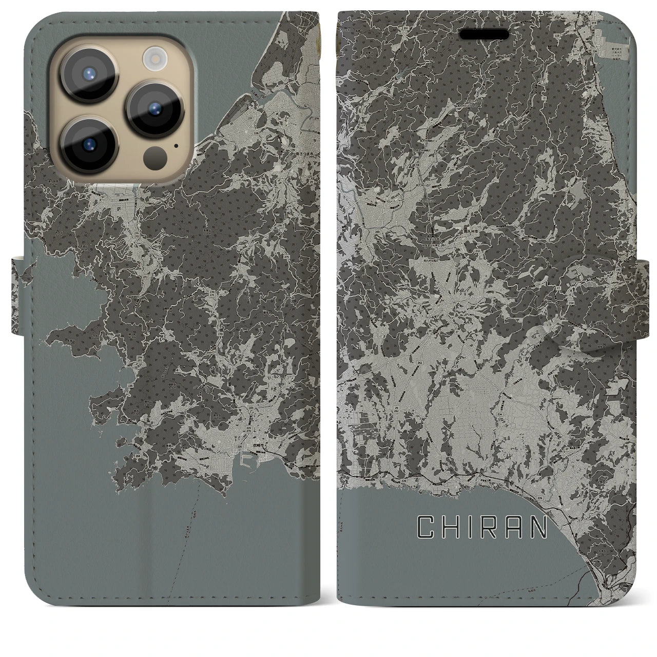 【知覧(鹿児島県)】地図柄iPhoneケース(手帳タイプ)モノトーン・iPhone 14 Pro Max 用