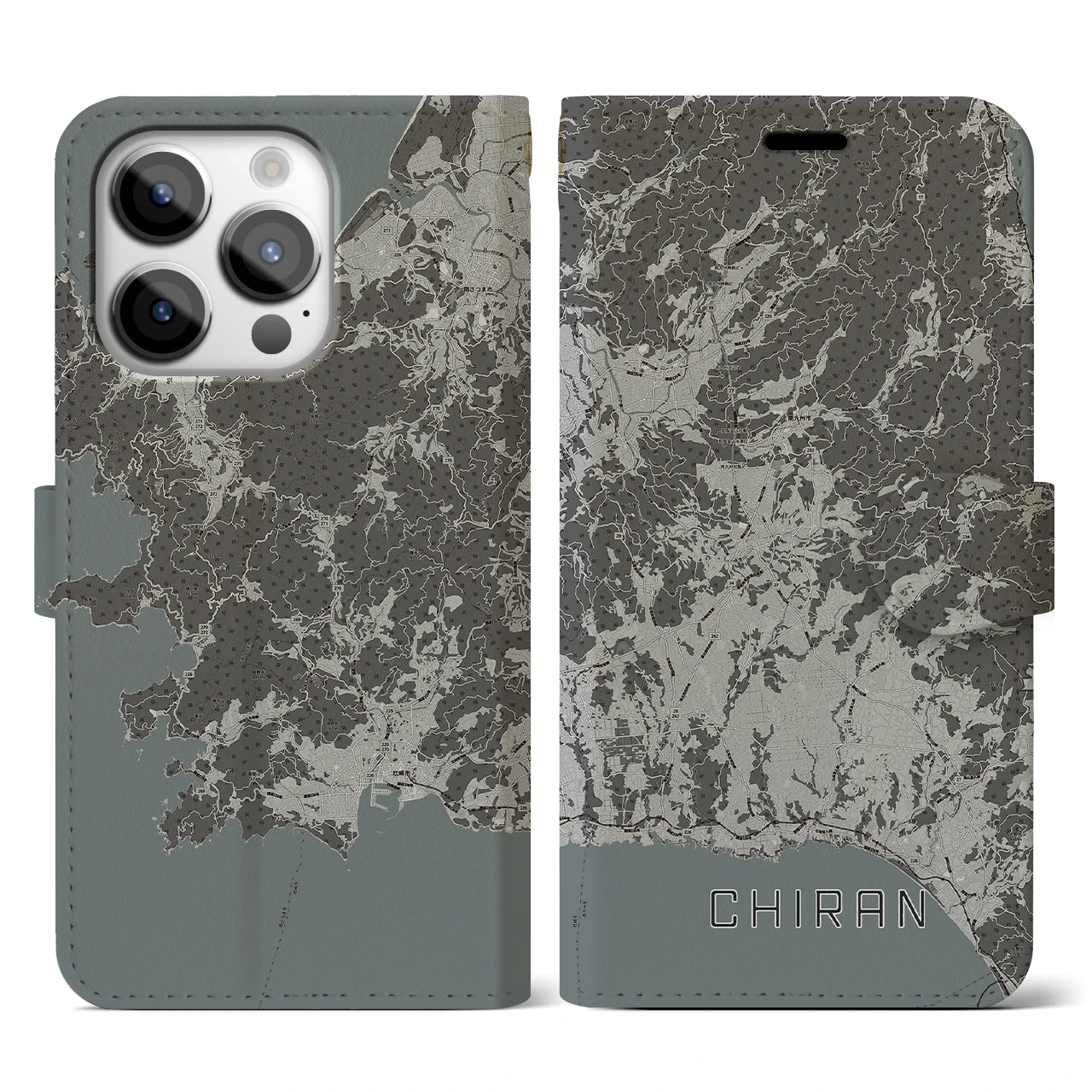 【知覧(鹿児島県)】地図柄iPhoneケース(手帳タイプ)モノトーン・iPhone 14 Pro 用