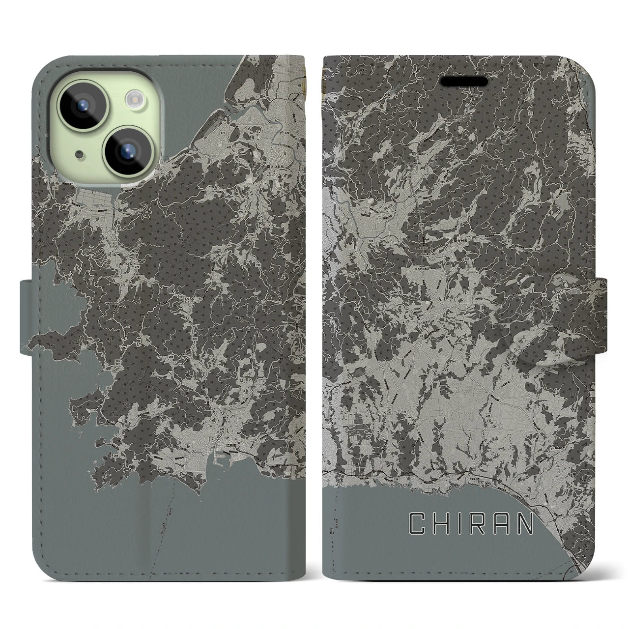 【知覧(鹿児島県)】地図柄iPhoneケース(手帳タイプ)モノトーン・iPhone 15 用