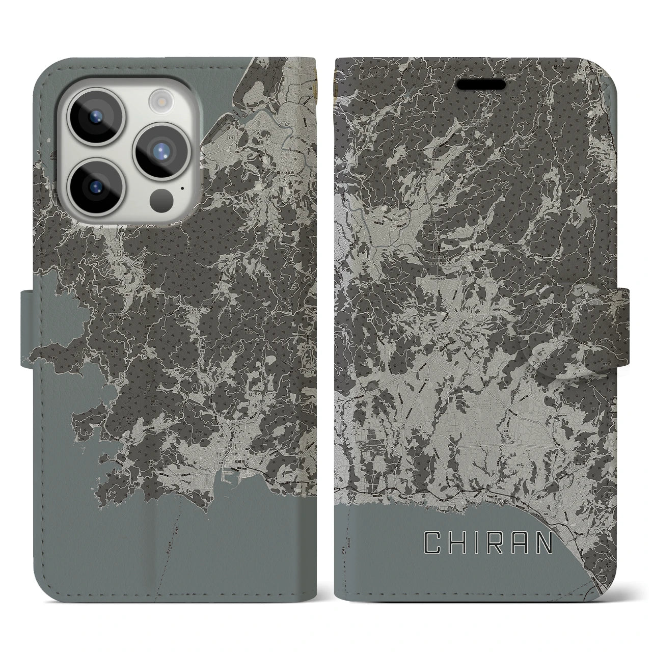 【知覧(鹿児島県)】地図柄iPhoneケース(手帳タイプ)モノトーン・iPhone 15 Pro 用