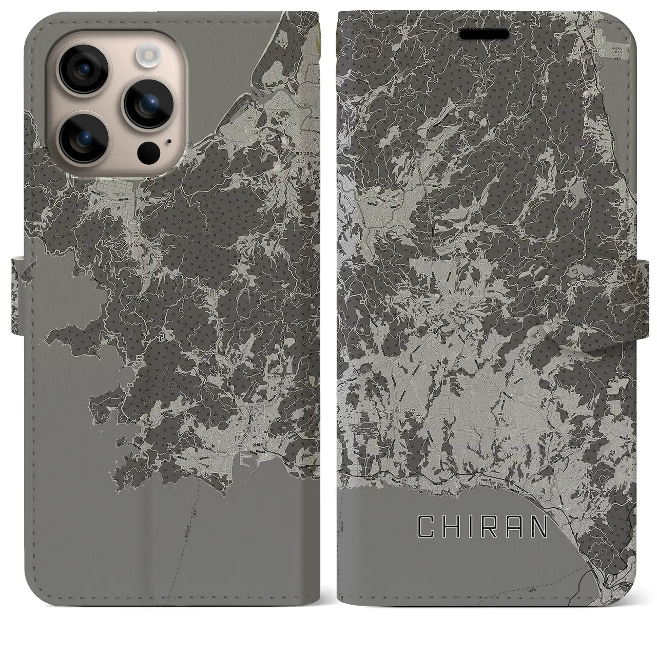 【知覧(鹿児島県)】地図柄iPhoneケース(手帳タイプ)モノトーン・iPhone 16 Plus 用