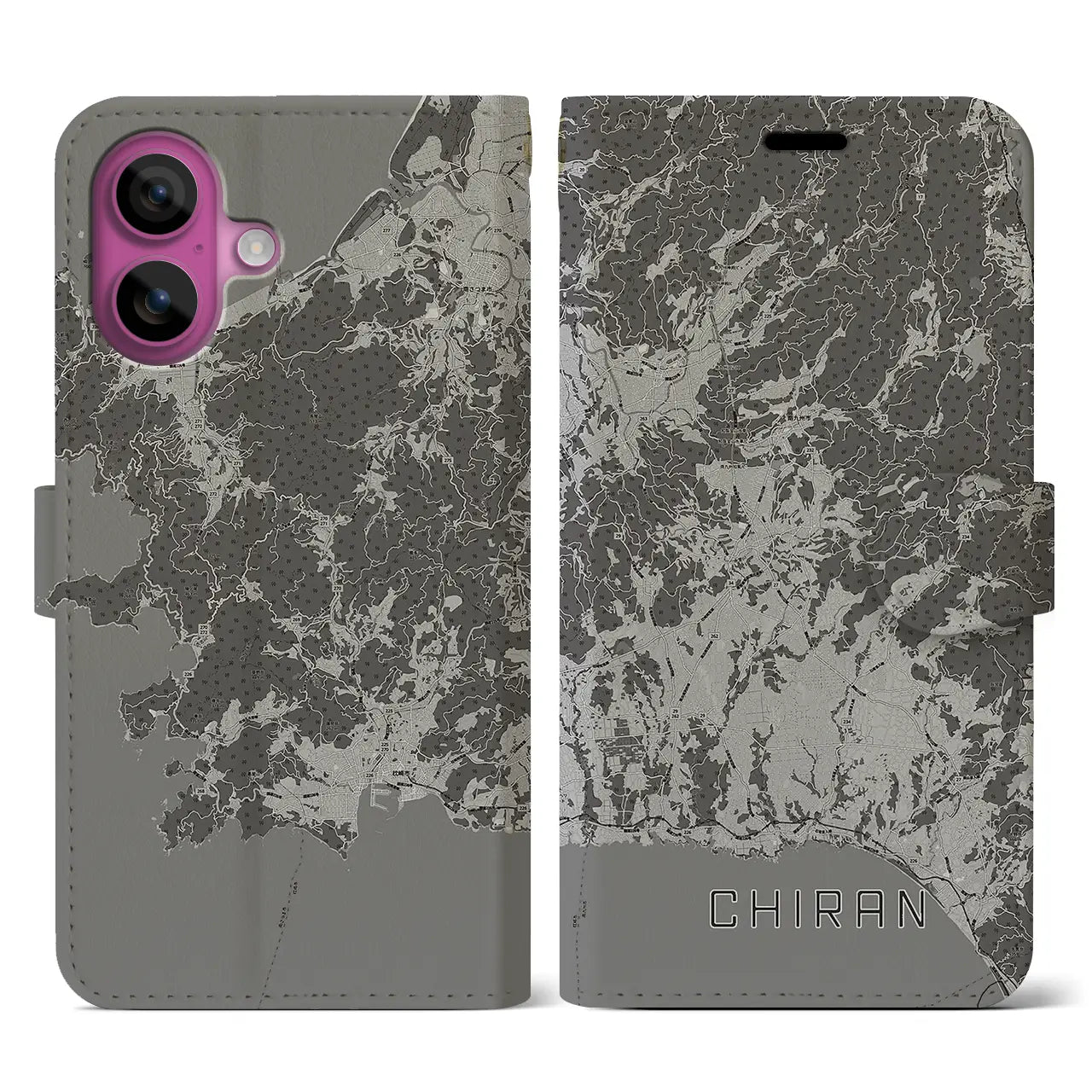 【知覧(鹿児島県)】地図柄iPhoneケース(手帳タイプ)モノトーン・iPhone 16 Pro 用