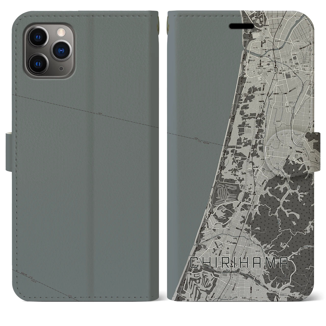 【千里浜(石川県)】地図柄iPhoneケース(手帳タイプ)モノトーン・iPhone 11 Pro Max 用
