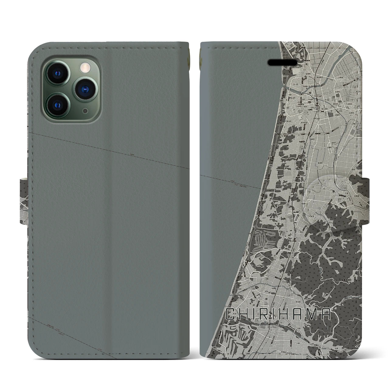 【千里浜(石川県)】地図柄iPhoneケース(手帳タイプ)モノトーン・iPhone 11 Pro 用