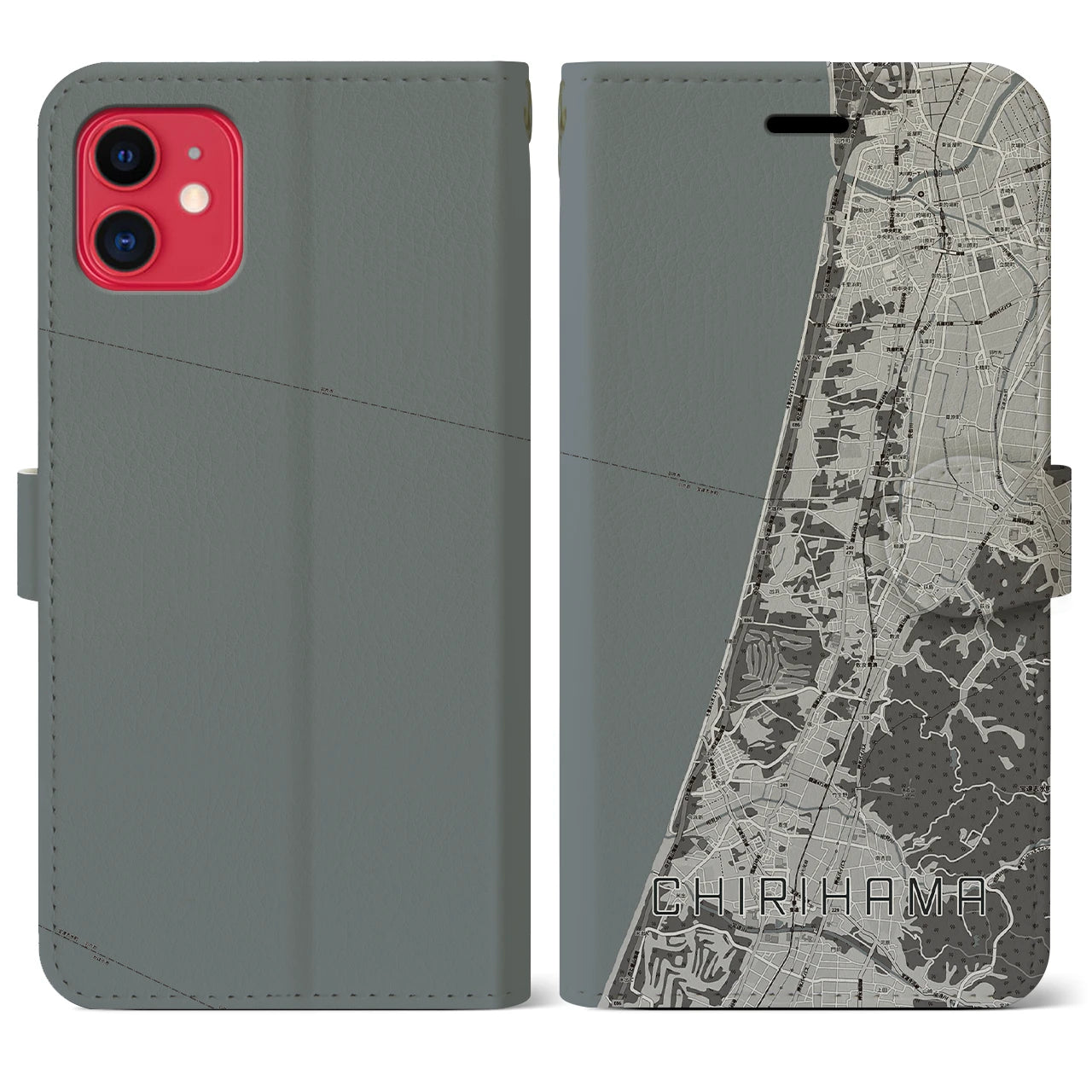 【千里浜(石川県)】地図柄iPhoneケース(手帳タイプ)モノトーン・iPhone 11 用