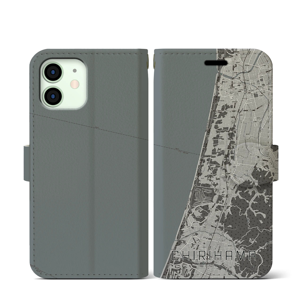 【千里浜(石川県)】地図柄iPhoneケース(手帳タイプ)モノトーン・iPhone 12 mini 用