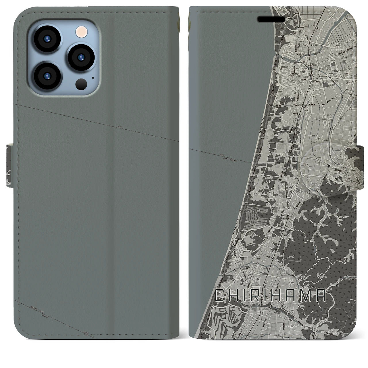 【千里浜(石川県)】地図柄iPhoneケース(手帳タイプ)モノトーン・iPhone 13 Pro Max 用