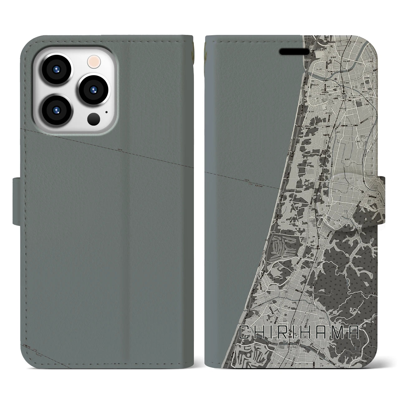 【千里浜(石川県)】地図柄iPhoneケース(手帳タイプ)モノトーン・iPhone 13 Pro 用