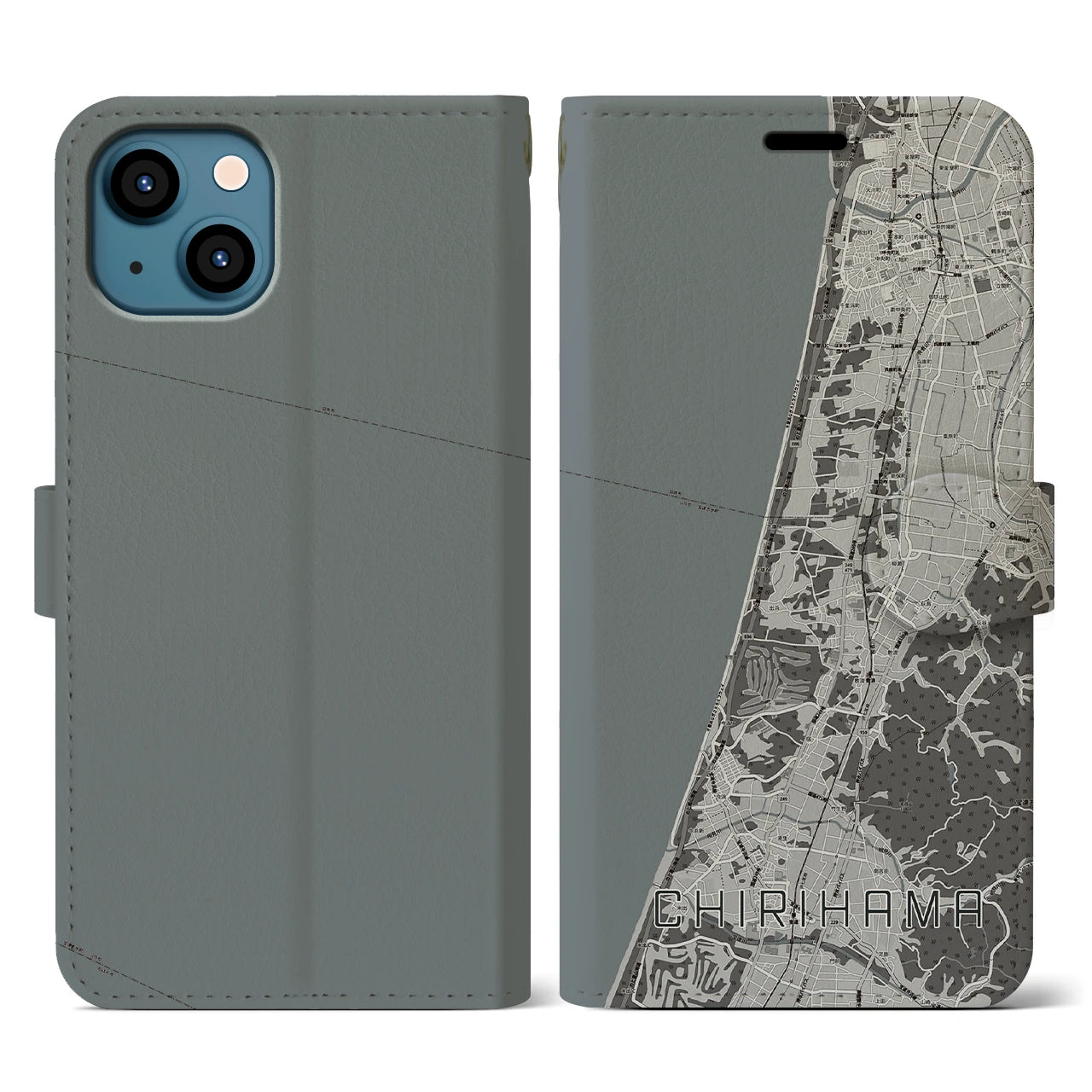 【千里浜(石川県)】地図柄iPhoneケース(手帳タイプ)モノトーン・iPhone 13 用