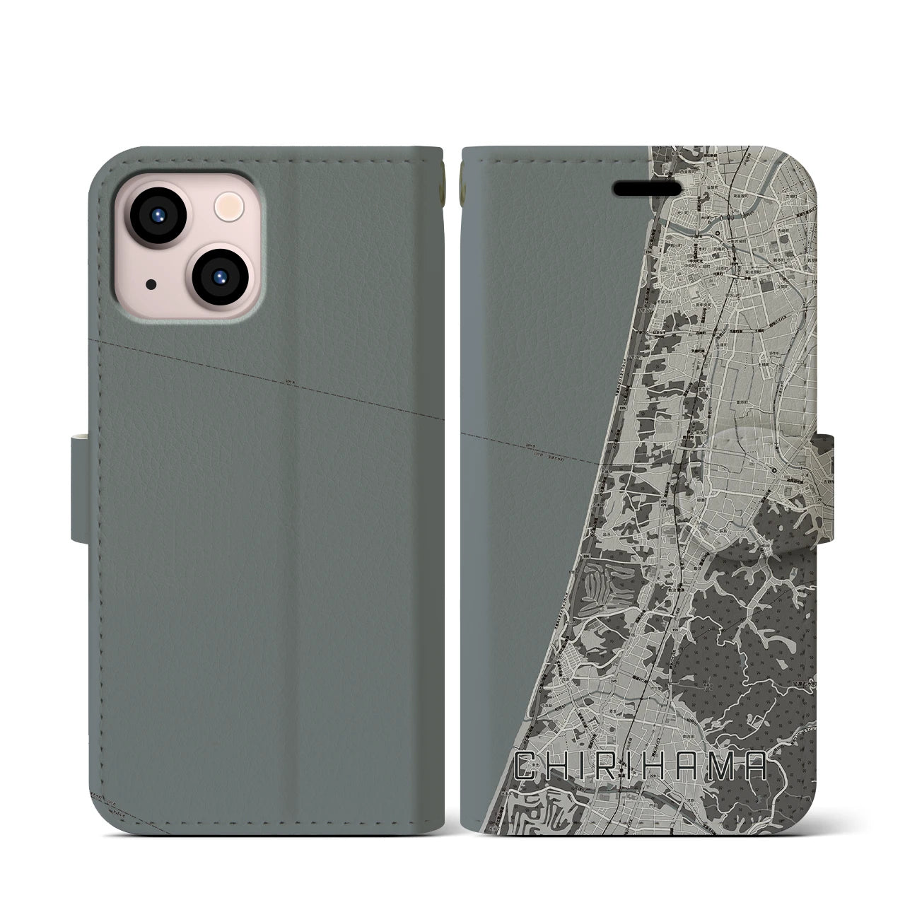 【千里浜(石川県)】地図柄iPhoneケース(手帳タイプ)モノトーン・iPhone 13 mini 用