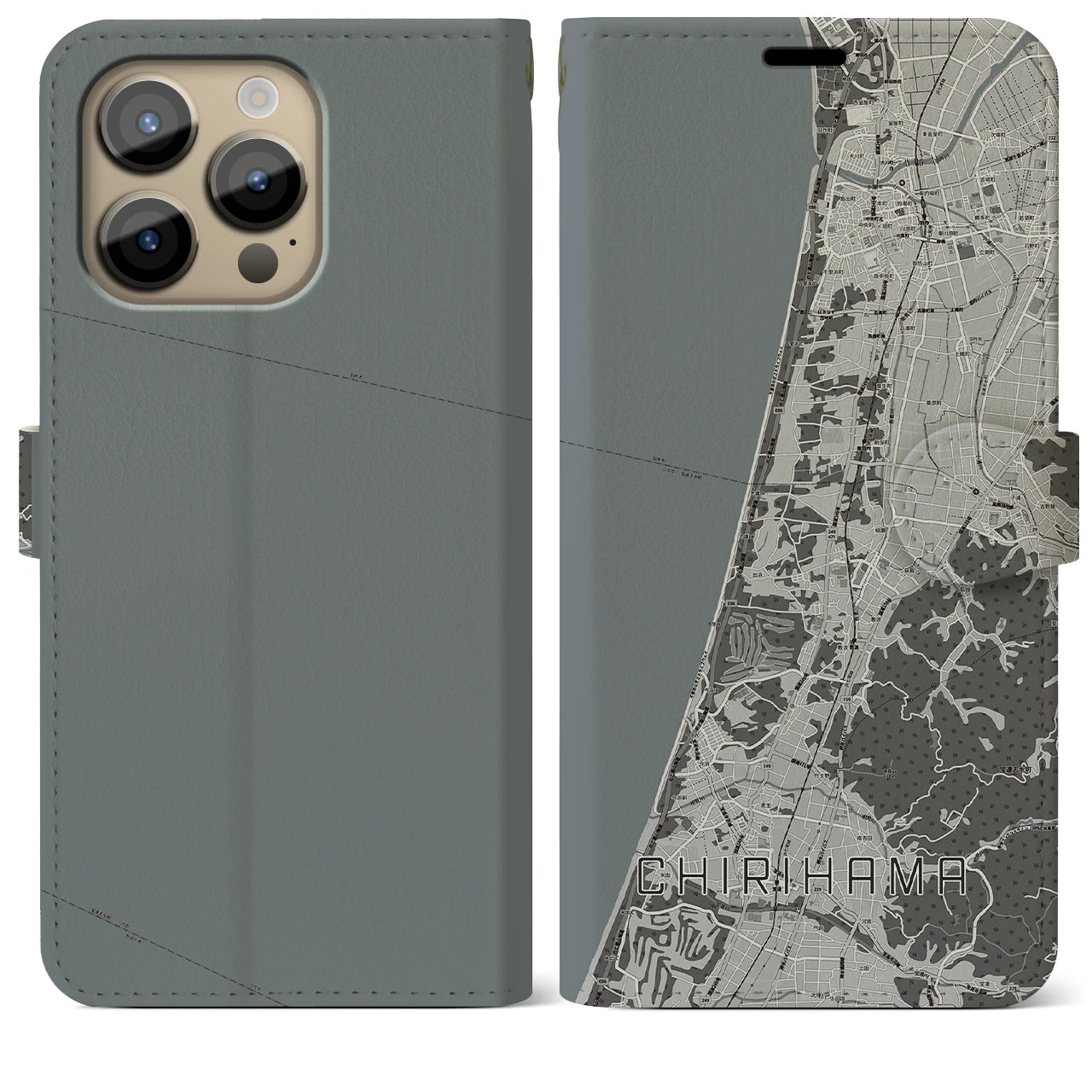 【千里浜(石川県)】地図柄iPhoneケース(手帳タイプ)モノトーン・iPhone 14 Pro Max 用