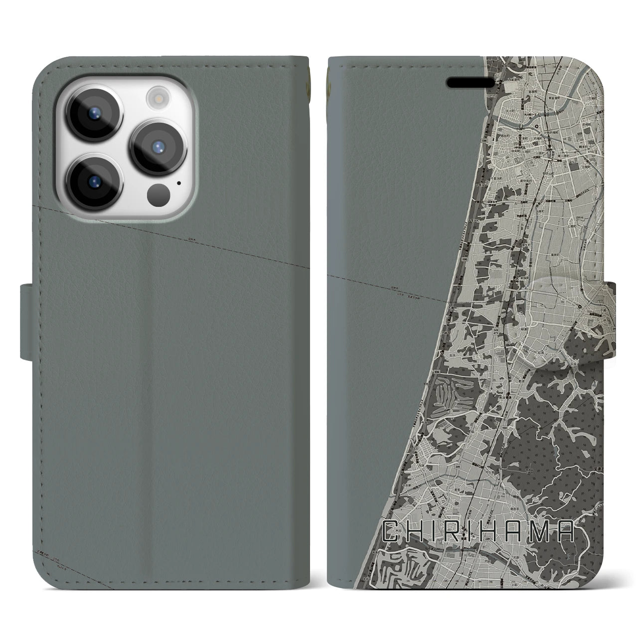 【千里浜(石川県)】地図柄iPhoneケース(手帳タイプ)モノトーン・iPhone 14 Pro 用