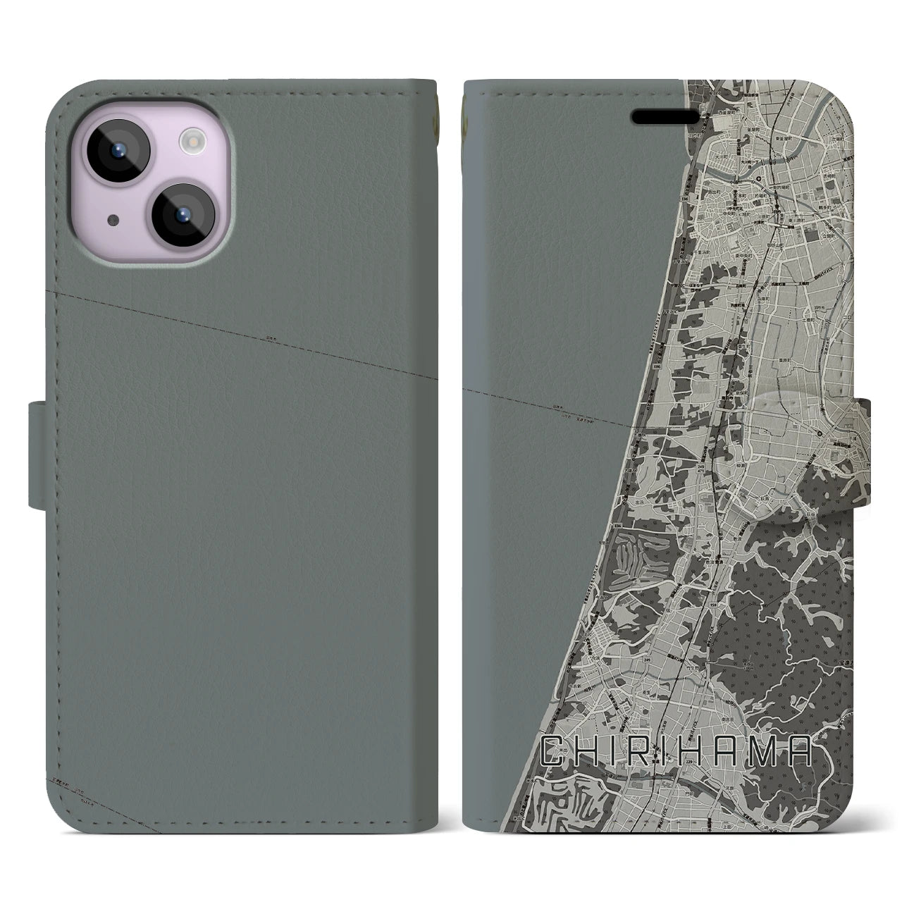 【千里浜(石川県)】地図柄iPhoneケース(手帳タイプ)モノトーン・iPhone 14 用