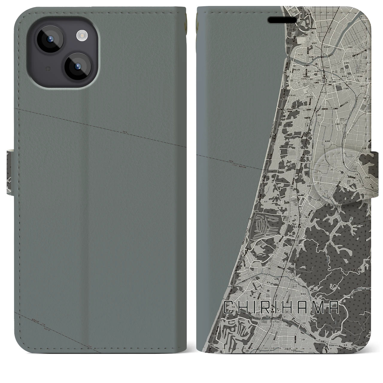 【千里浜(石川県)】地図柄iPhoneケース(手帳タイプ)モノトーン・iPhone 14 Plus 用