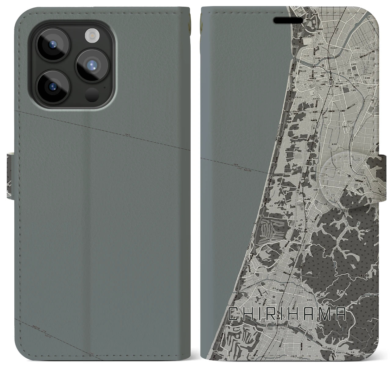 【千里浜(石川県)】地図柄iPhoneケース(手帳タイプ)モノトーン・iPhone 15 Pro Max 用