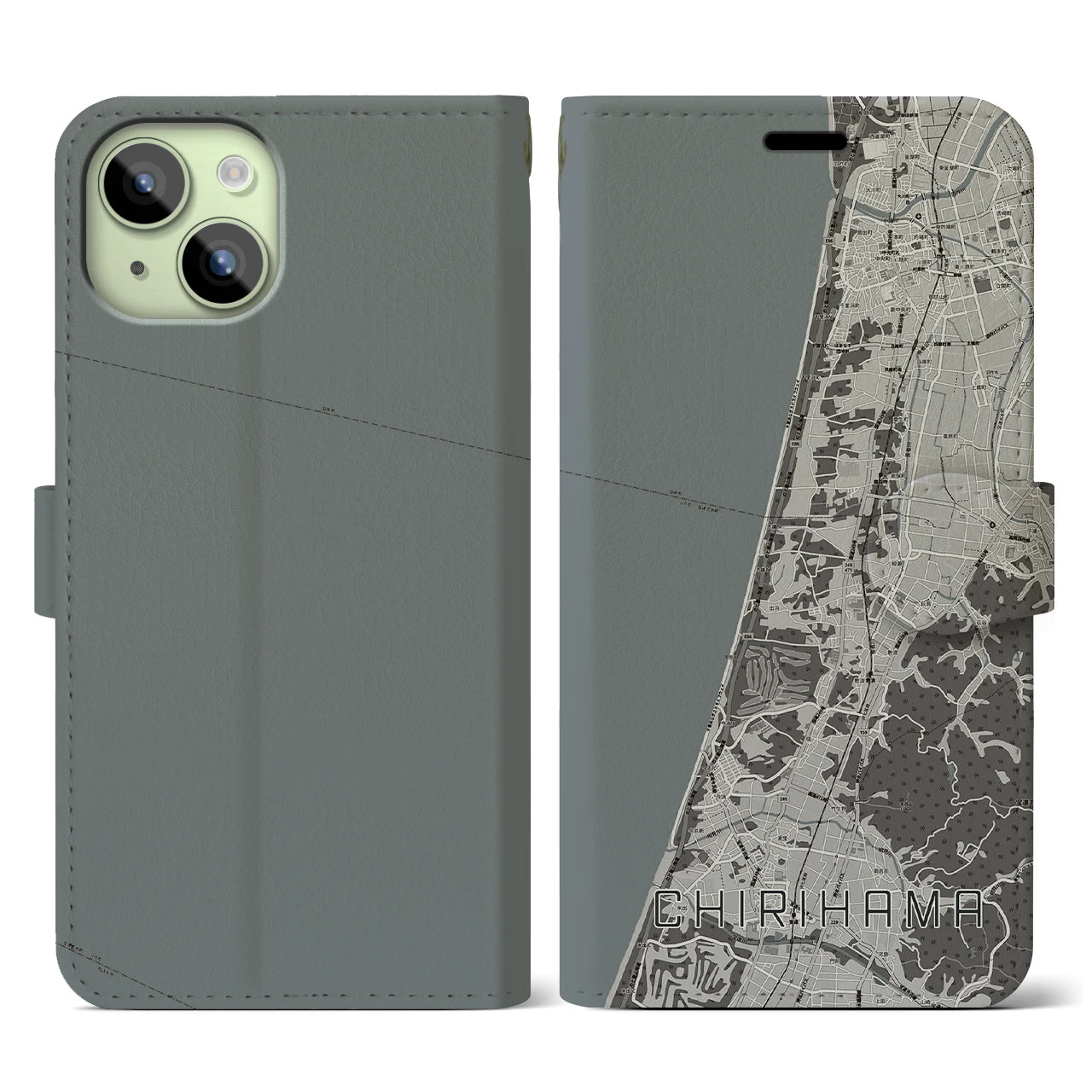 【千里浜(石川県)】地図柄iPhoneケース(手帳タイプ)モノトーン・iPhone 15 用