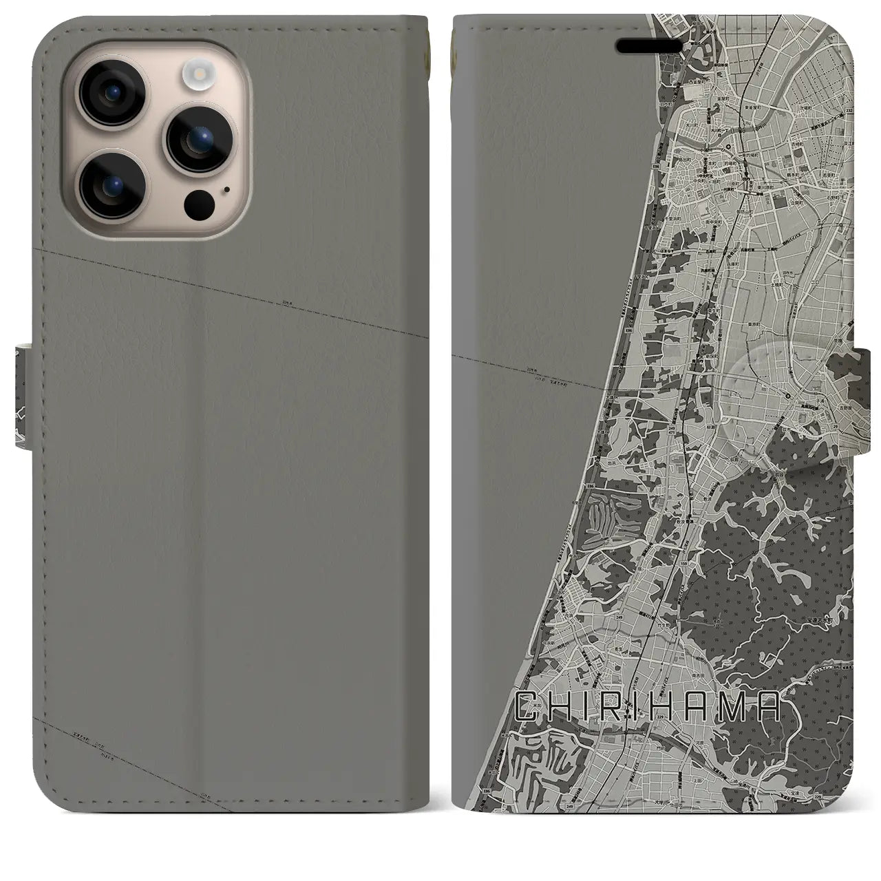 【千里浜(石川県)】地図柄iPhoneケース(手帳タイプ)モノトーン・iPhone 16 Plus 用