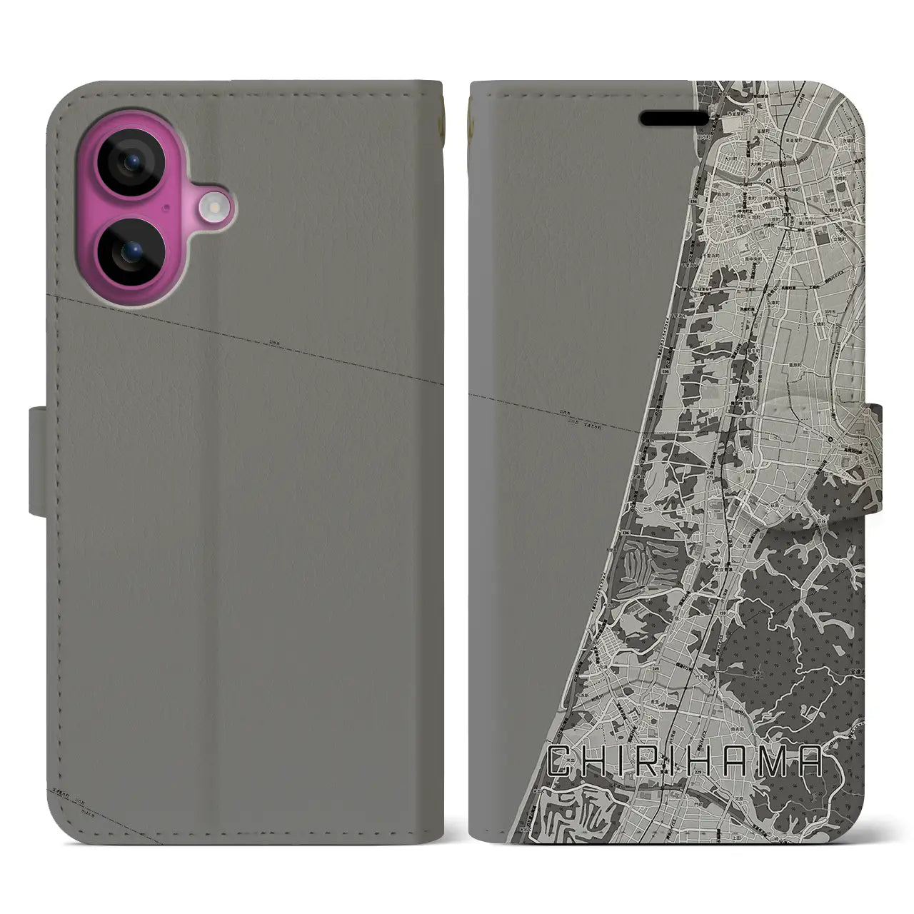 【千里浜(石川県)】地図柄iPhoneケース(手帳タイプ)モノトーン・iPhone 16 Pro 用