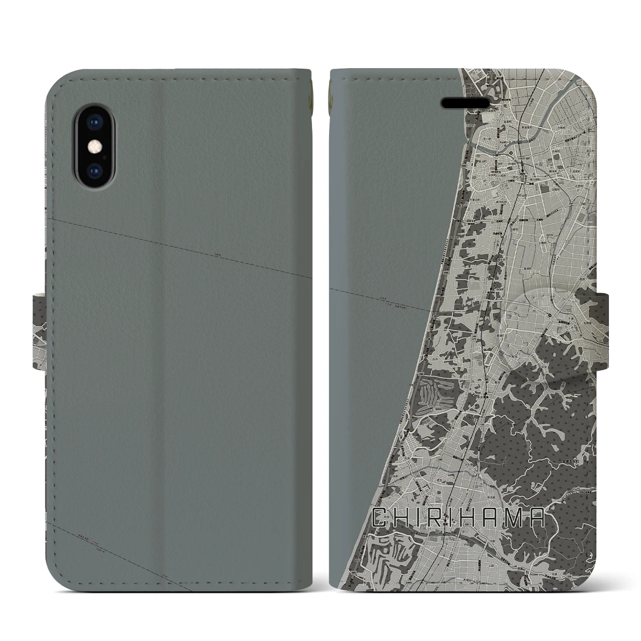 【千里浜(石川県)】地図柄iPhoneケース(手帳タイプ)モノトーン・iPhone XS / X 用