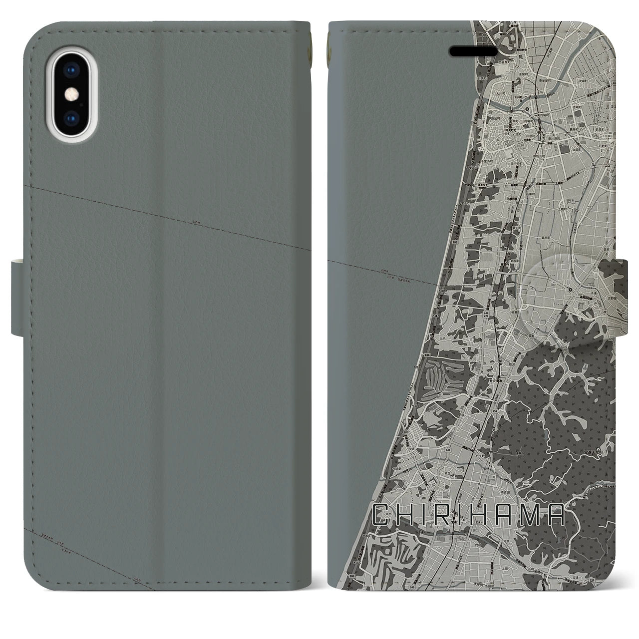 【千里浜(石川県)】地図柄iPhoneケース(手帳タイプ)モノトーン・iPhone XS Max 用
