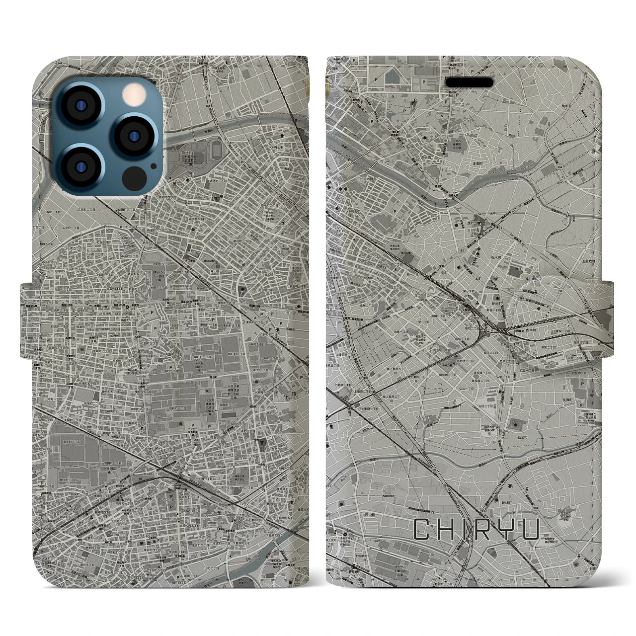 【知立(愛知県)】地図柄iPhoneケース(手帳タイプ)モノトーン・iPhone 12 / 12 Pro 用