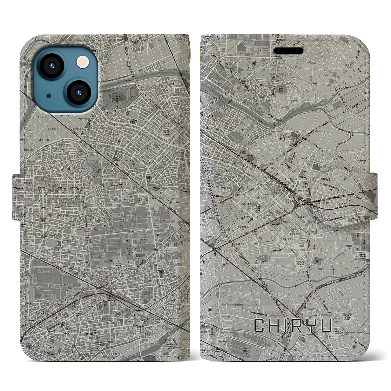 【知立(愛知県)】地図柄iPhoneケース(手帳タイプ)モノトーン・iPhone 13 用