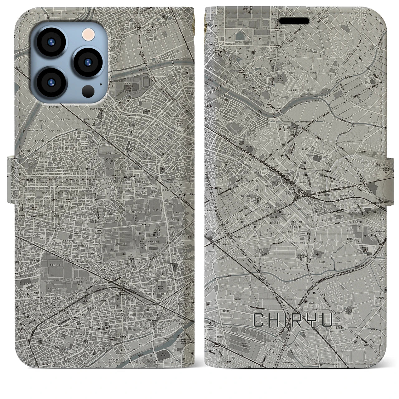 【知立(愛知県)】地図柄iPhoneケース(手帳タイプ)モノトーン・iPhone 13 Pro Max 用