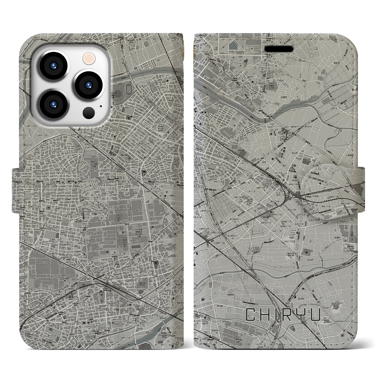 【知立(愛知県)】地図柄iPhoneケース(手帳タイプ)モノトーン・iPhone 13 Pro 用