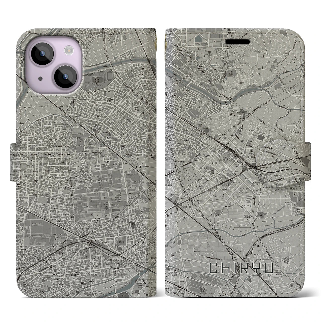 【知立(愛知県)】地図柄iPhoneケース(手帳タイプ)モノトーン・iPhone 14 用