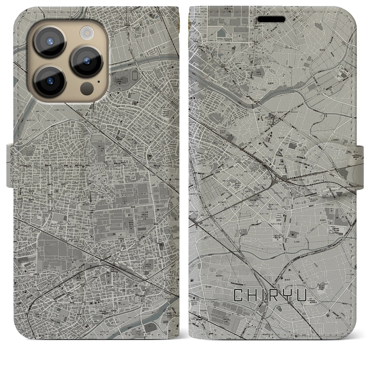 【知立(愛知県)】地図柄iPhoneケース(手帳タイプ)モノトーン・iPhone 14 Pro Max 用
