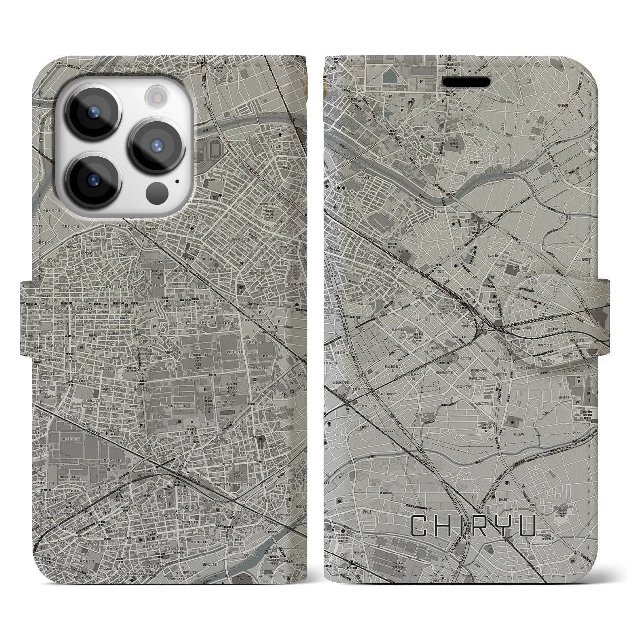 【知立(愛知県)】地図柄iPhoneケース(手帳タイプ)モノトーン・iPhone 14 Pro 用