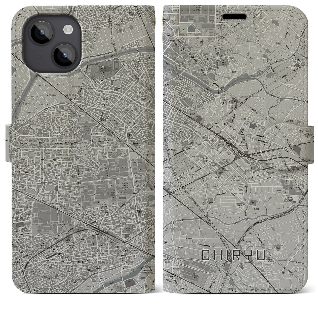 【知立(愛知県)】地図柄iPhoneケース(手帳タイプ)モノトーン・iPhone 14 Plus 用