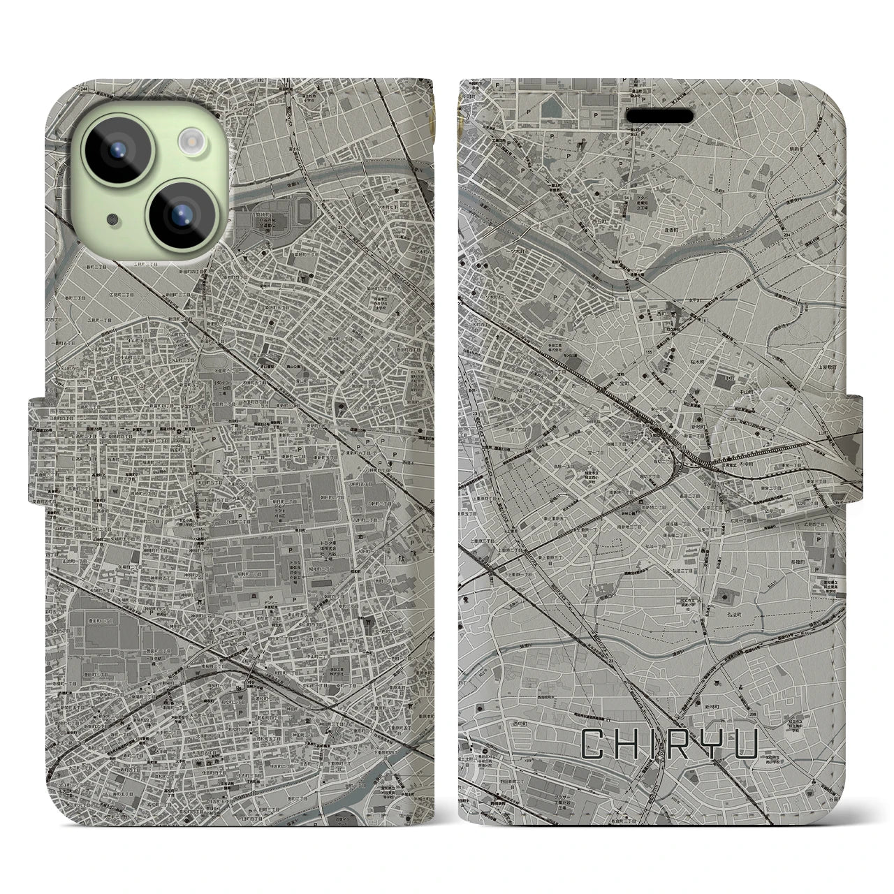 【知立(愛知県)】地図柄iPhoneケース(手帳タイプ)モノトーン・iPhone 15 用