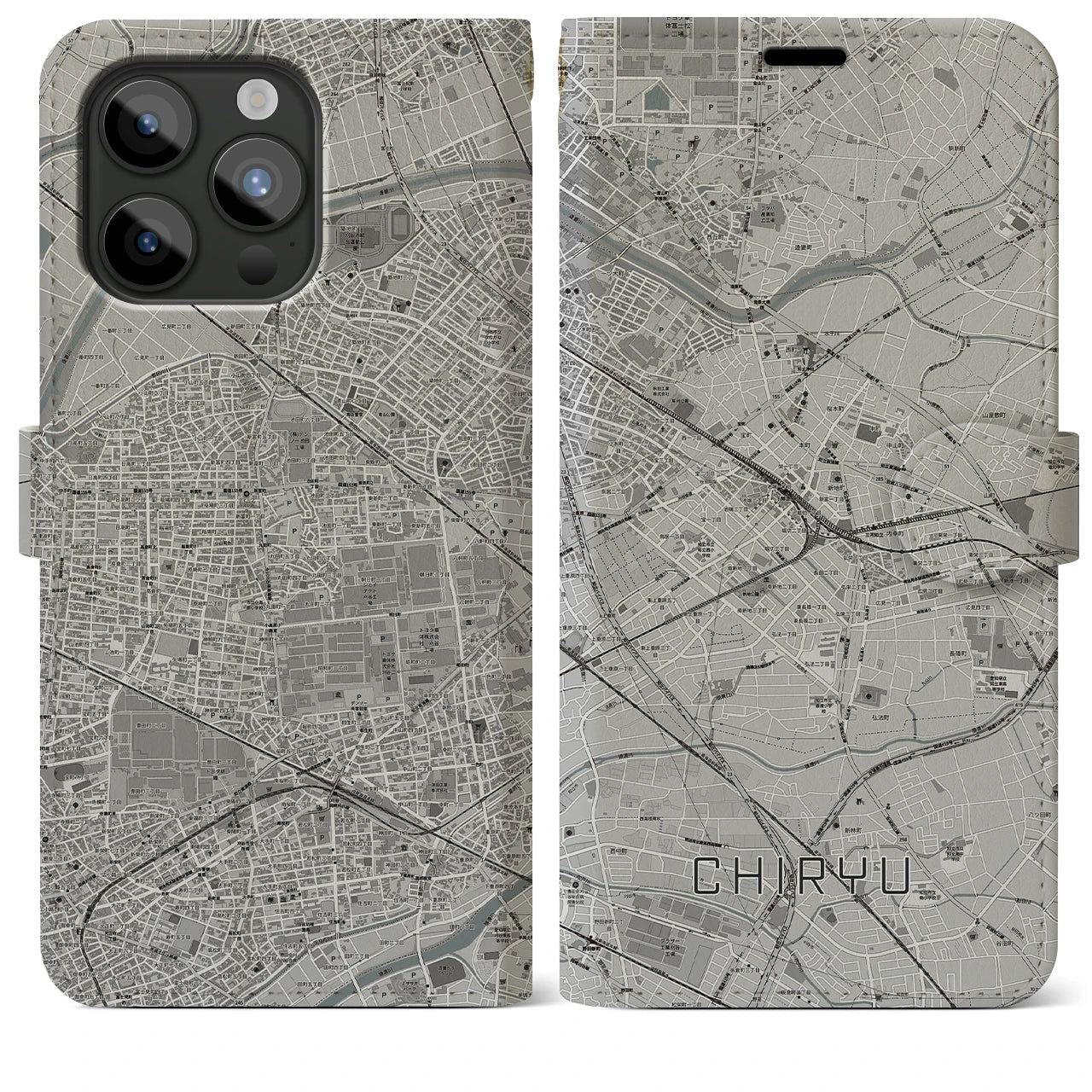 【知立(愛知県)】地図柄iPhoneケース(手帳タイプ)モノトーン・iPhone 15 Pro Max 用