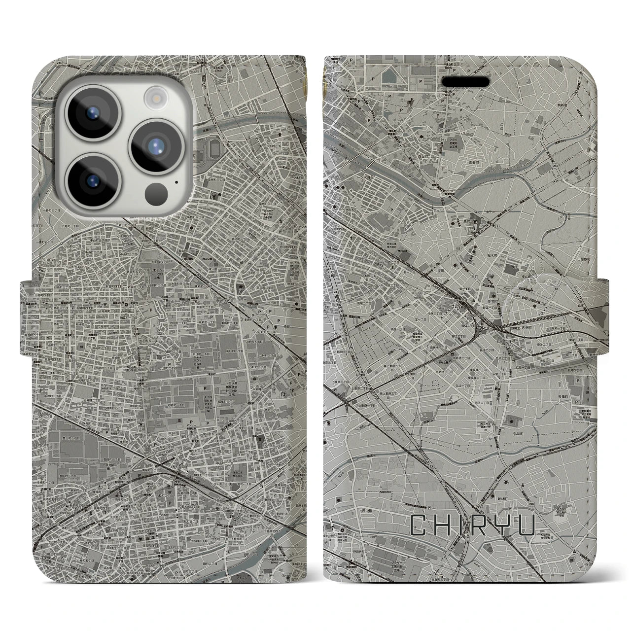 【知立(愛知県)】地図柄iPhoneケース(手帳タイプ)モノトーン・iPhone 15 Pro 用