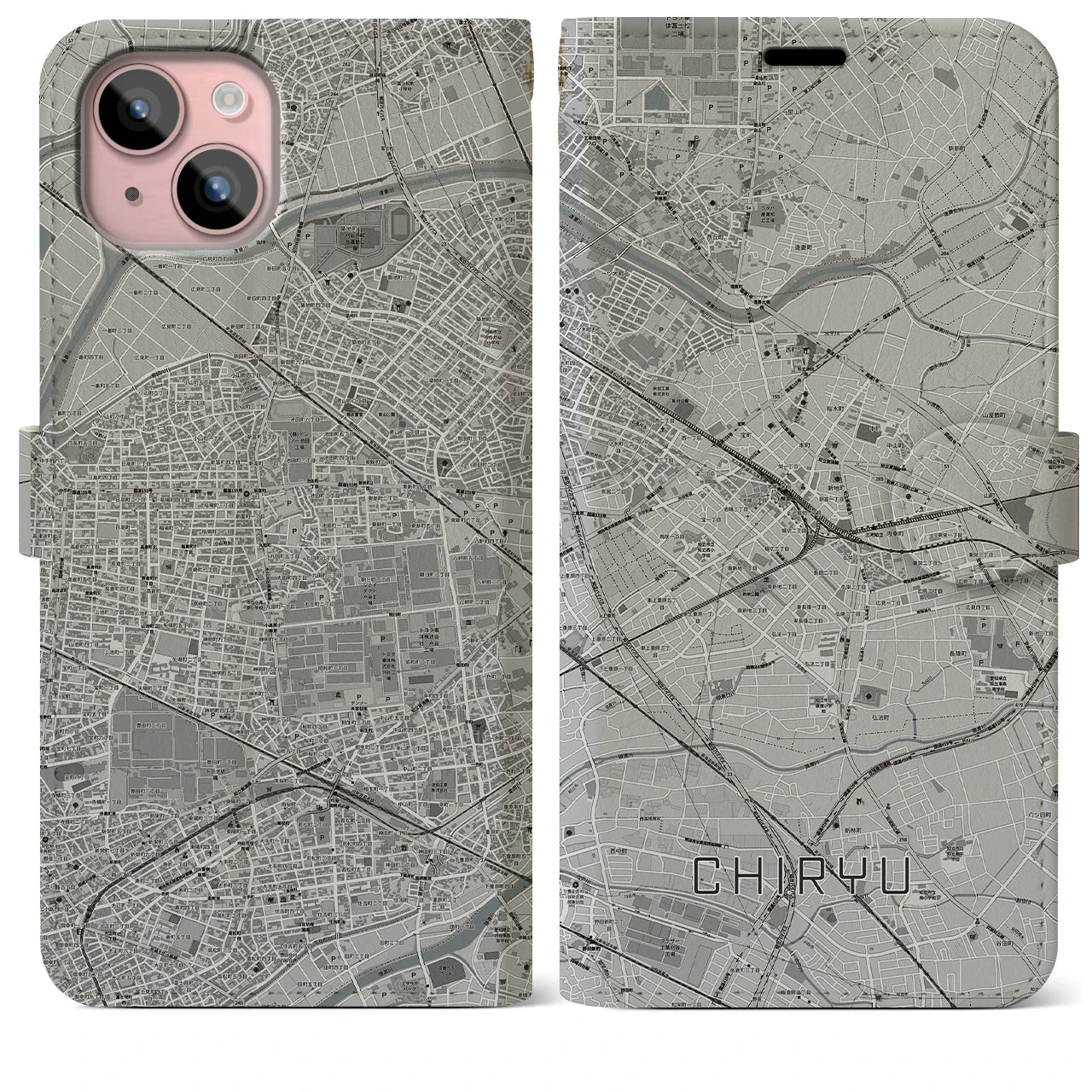 【知立(愛知県)】地図柄iPhoneケース(手帳タイプ)モノトーン・iPhone 15 Plus 用