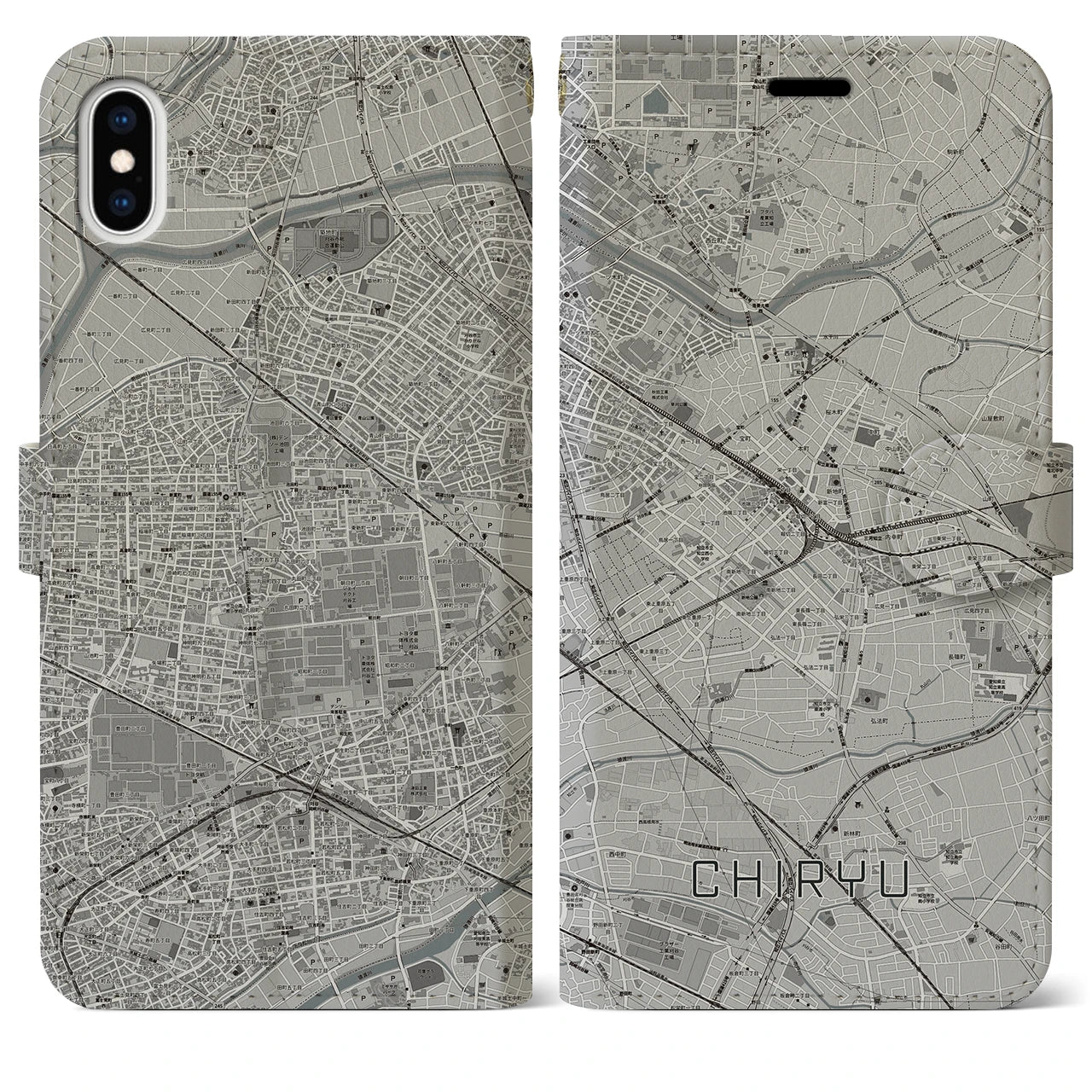 【知立(愛知県)】地図柄iPhoneケース(手帳タイプ)モノトーン・iPhone XS Max 用