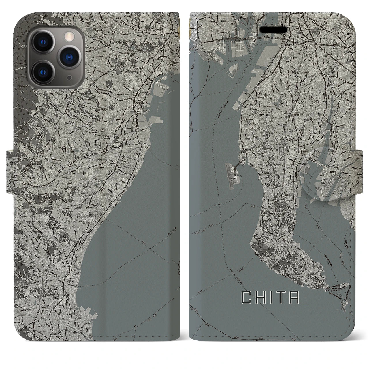 【知多2(愛知県)】地図柄iPhoneケース(手帳タイプ)モノトーン・iPhone 11 Pro Max 用