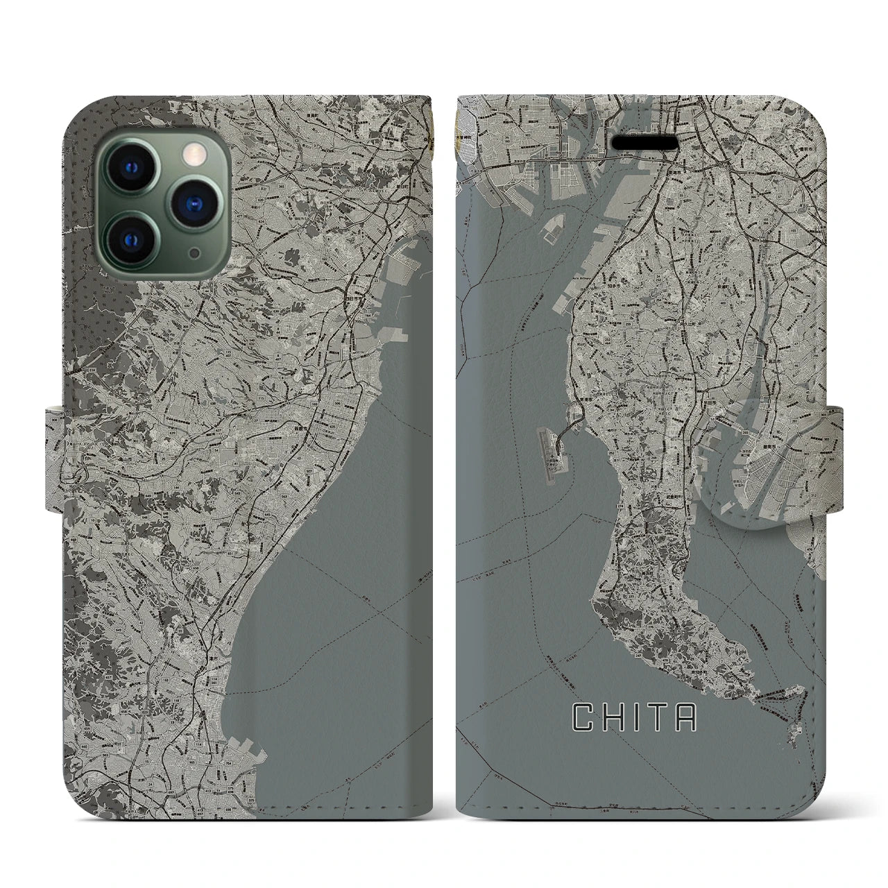 【知多2(愛知県)】地図柄iPhoneケース(手帳タイプ)モノトーン・iPhone 11 Pro 用