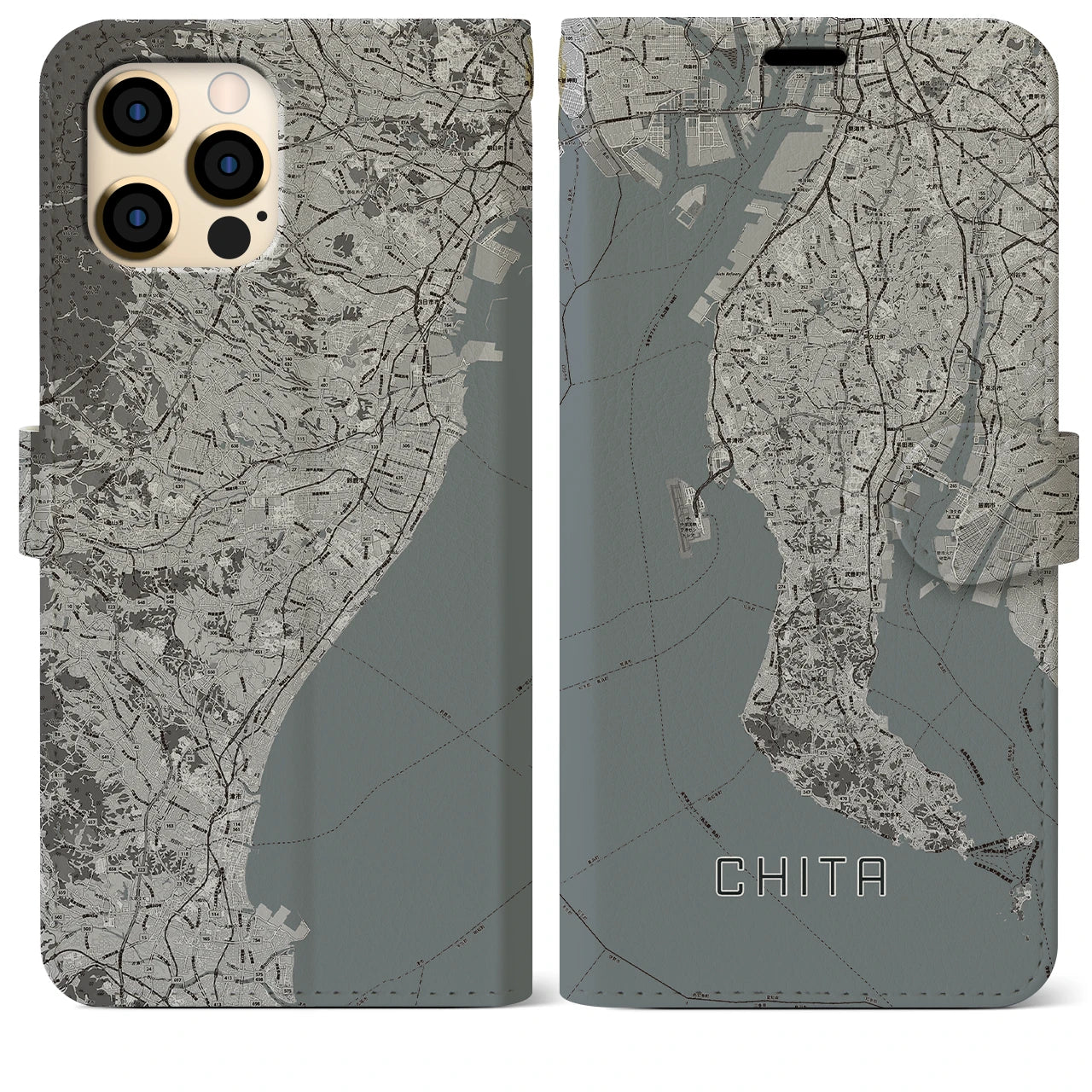 【知多2(愛知県)】地図柄iPhoneケース(手帳タイプ)モノトーン・iPhone 12 Pro Max 用
