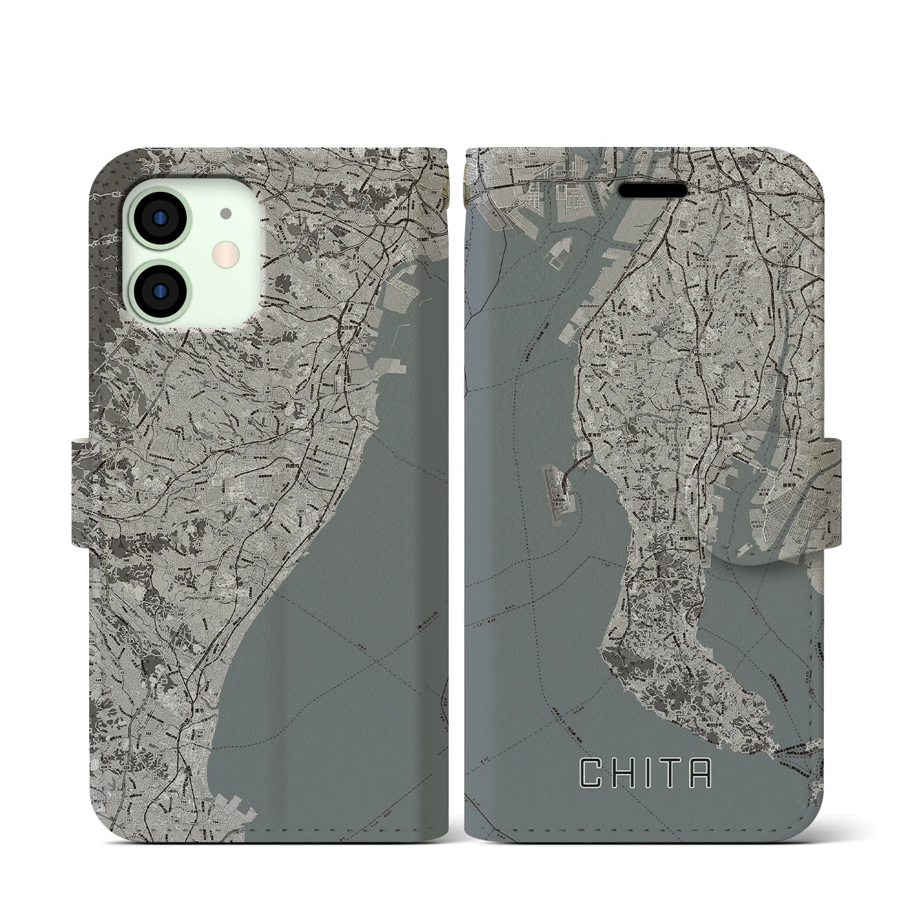 【知多2(愛知県)】地図柄iPhoneケース(手帳タイプ)モノトーン・iPhone 12 mini 用
