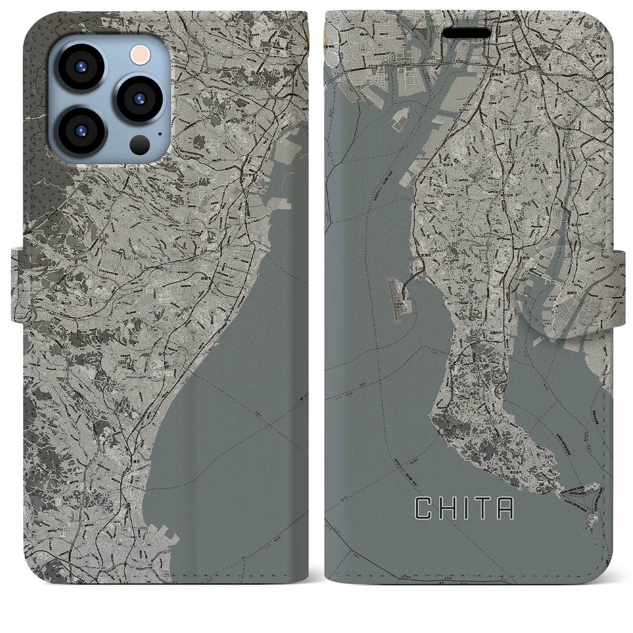 【知多2(愛知県)】地図柄iPhoneケース(手帳タイプ)モノトーン・iPhone 13 Pro Max 用