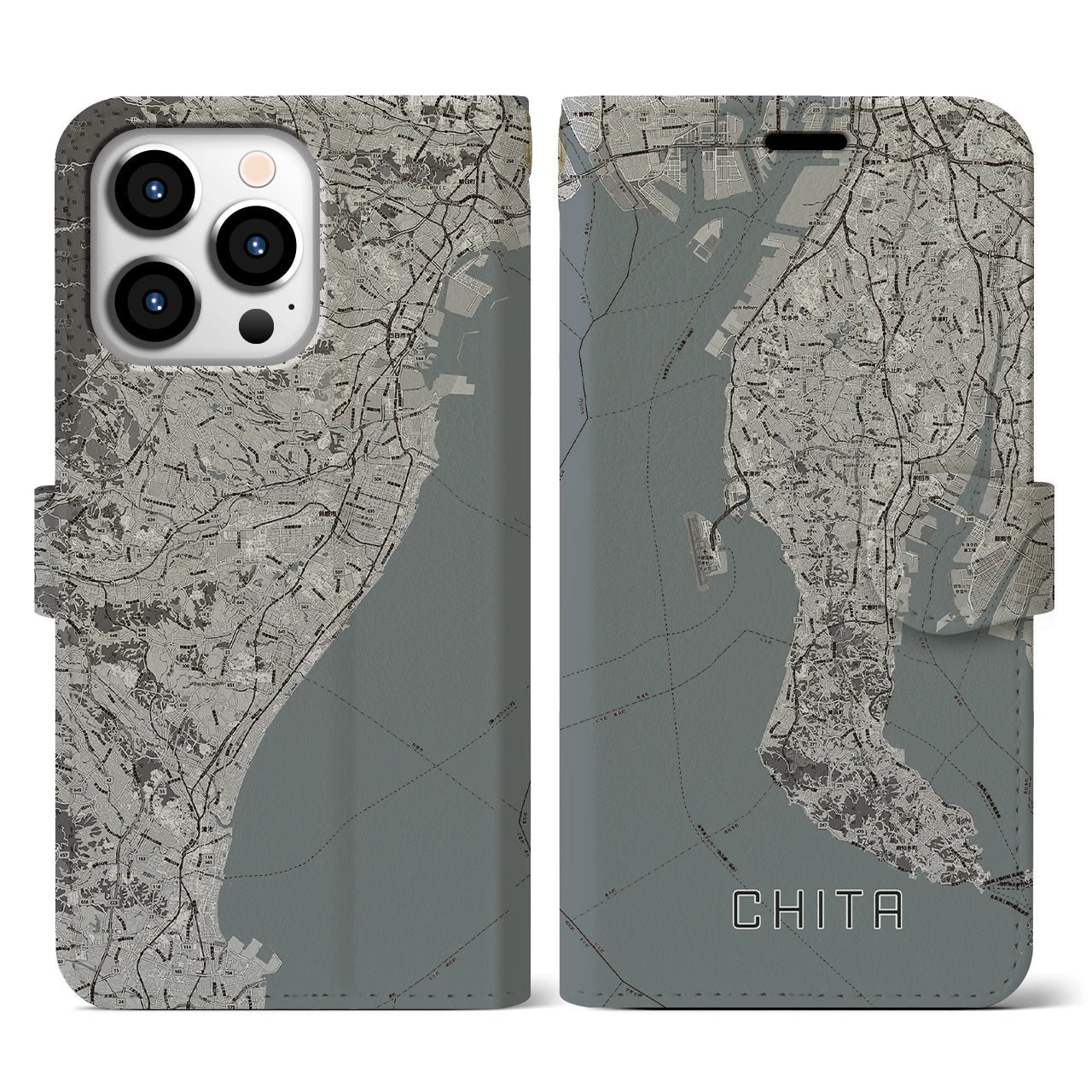 【知多2(愛知県)】地図柄iPhoneケース(手帳タイプ)モノトーン・iPhone 13 Pro 用